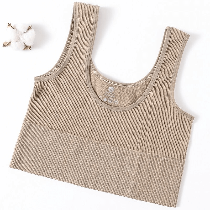 Beige ribbed seamless fitness tank top for women, ideal for yoga and gym, SF0030.